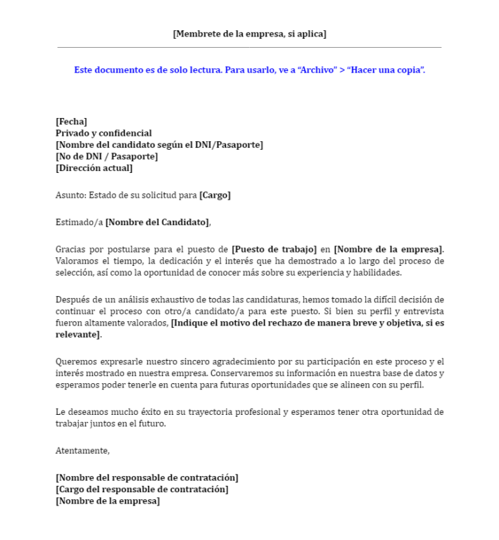 Plantilla carta de notificación de no selección