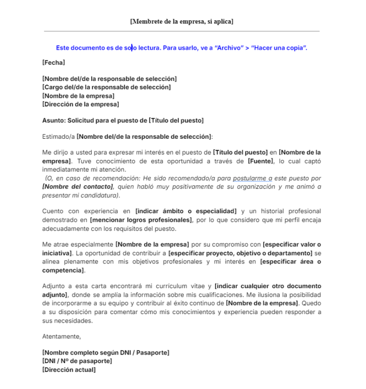 Plantilla de carta de solicitud de empleo