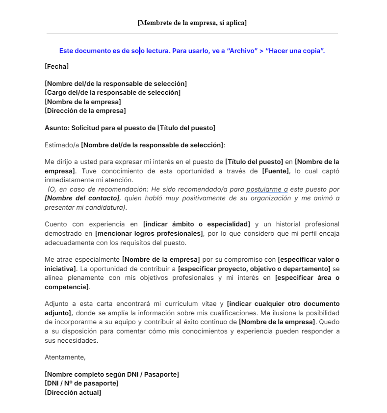 Plantilla de carta de solicitud de empleo