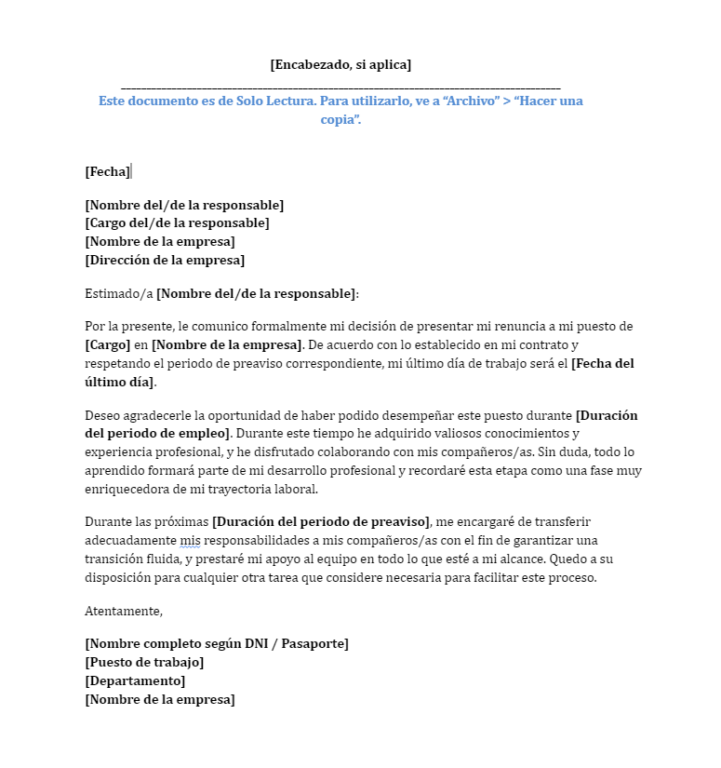 Plantilla modelo de carta de dimisión