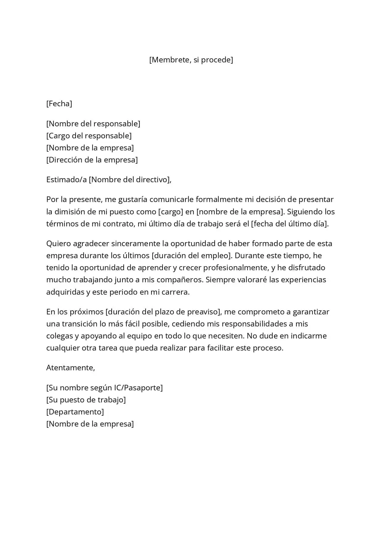 Plantilla gratuita de carta de dimisión