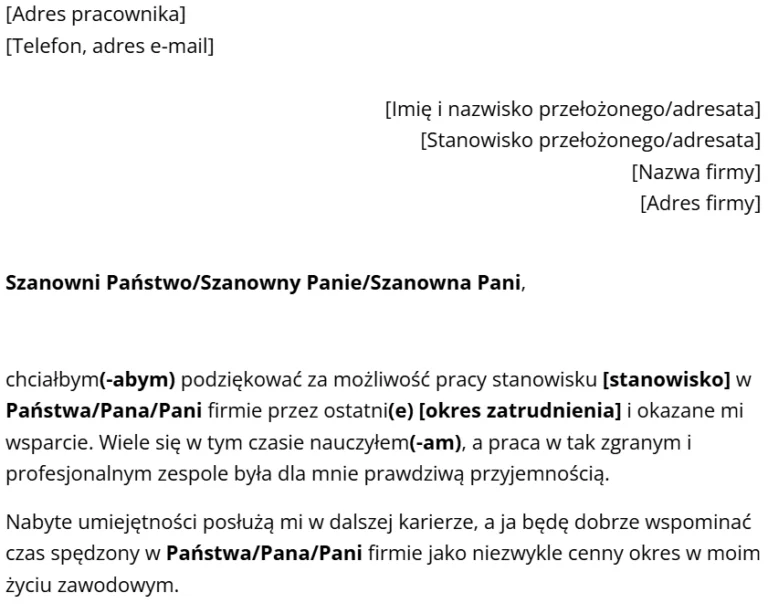 Wzór listu z podziękowaniem za współpracę od pracownika do pracodawcy.