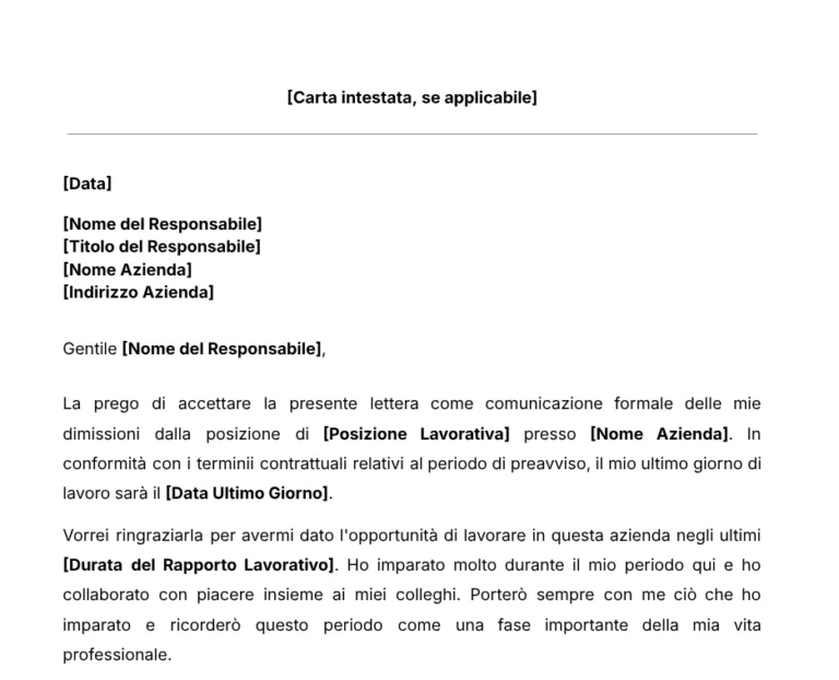 Modello per Lettera di Dimissioni