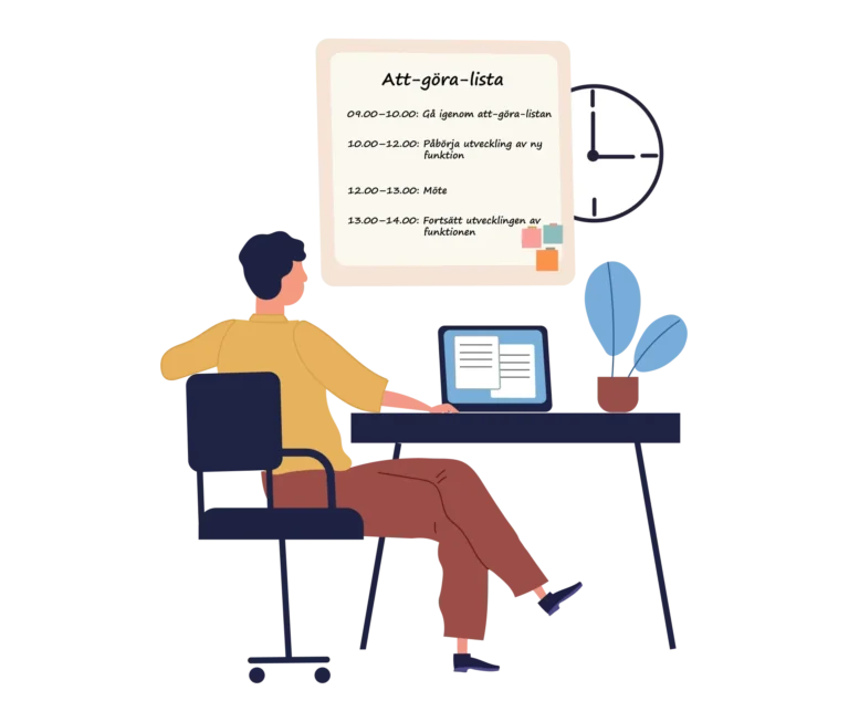 Person som sitter vid ett skrivbord och arbetar med sin schema.