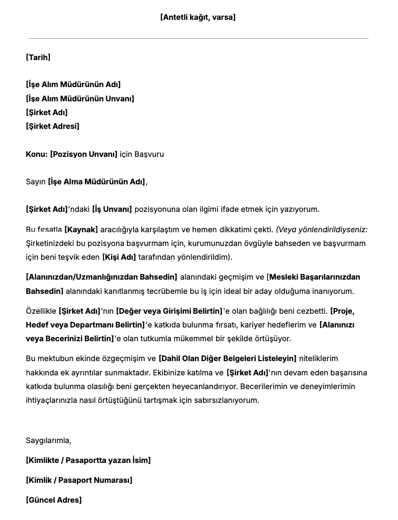 İşe Başvuru Mektubu Şablonu