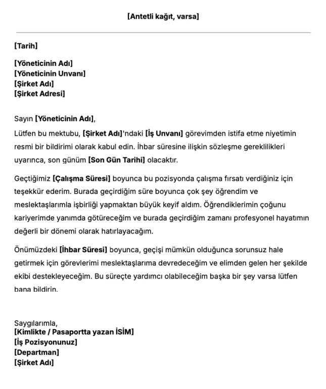 İstifa Mektubu Şablonu