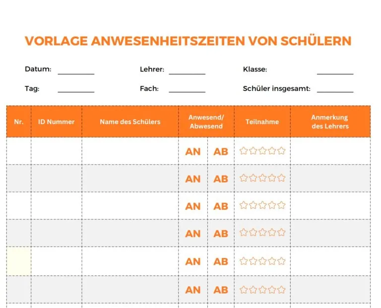 Vorlage zur Erfassung der Anwesenheitszeiten von Schülern