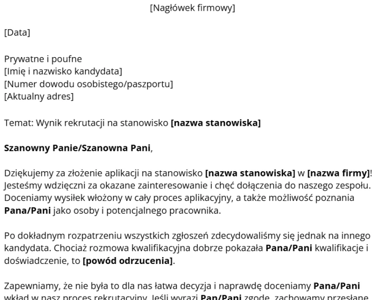 Wzór wiadomości do kandydata o nieprzyjęciu do pracy.
