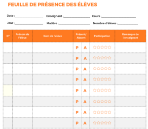 Modèle de feuille de présence des élèves