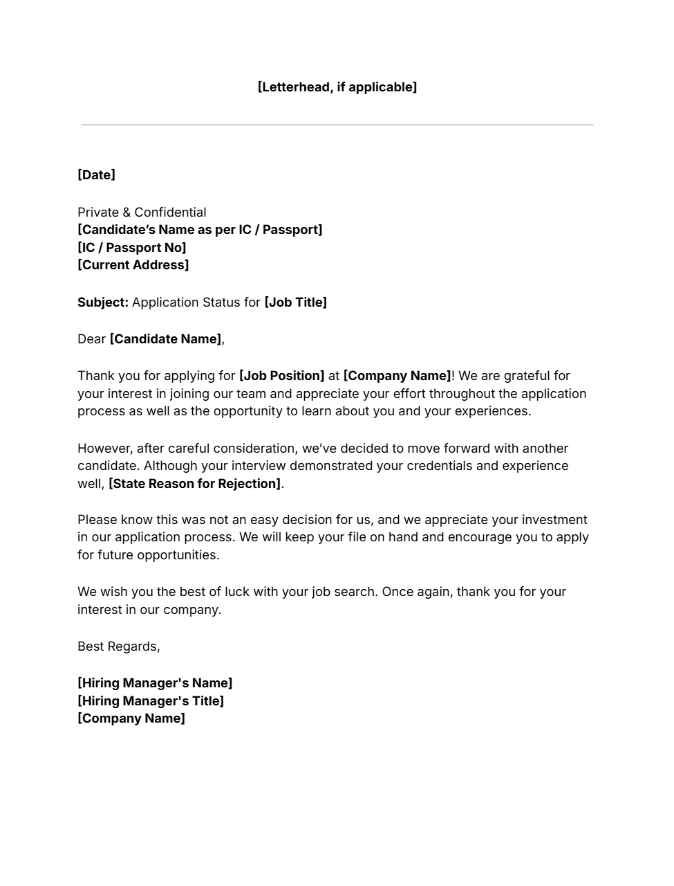 Free job rejection letter template for employers