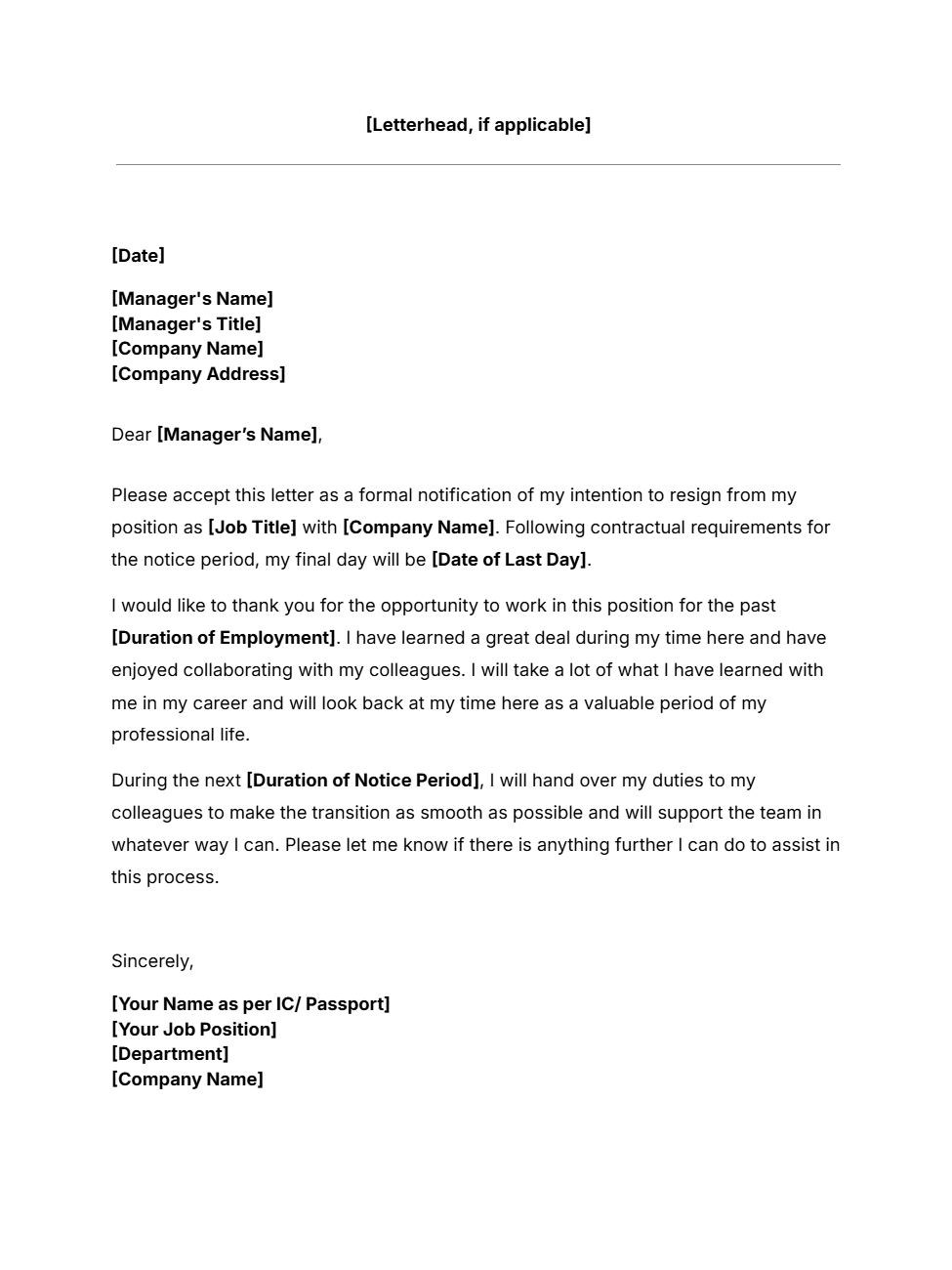Free job resignation letter template