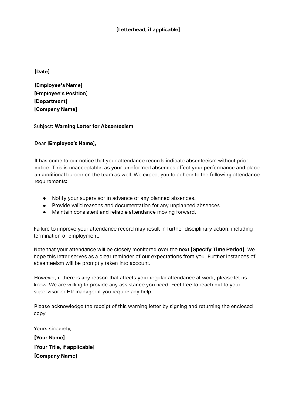 Free warning letter template for employee absenteeism
