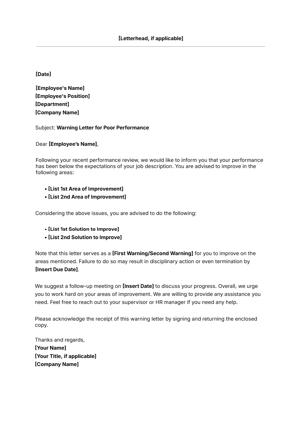 Warning letter template for employee poor performance