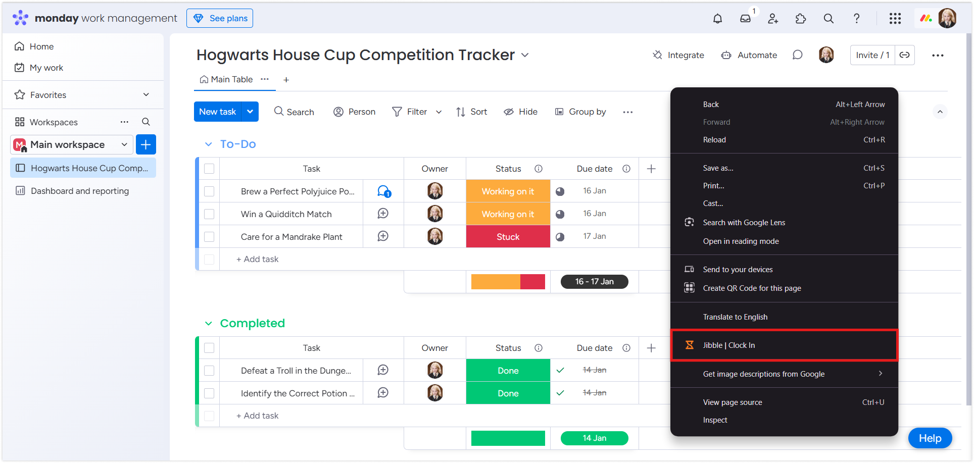 Right click to clock in on Monday.com
