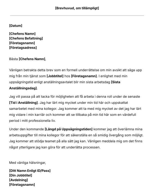 Gratis mall för uppsägningsbrev.