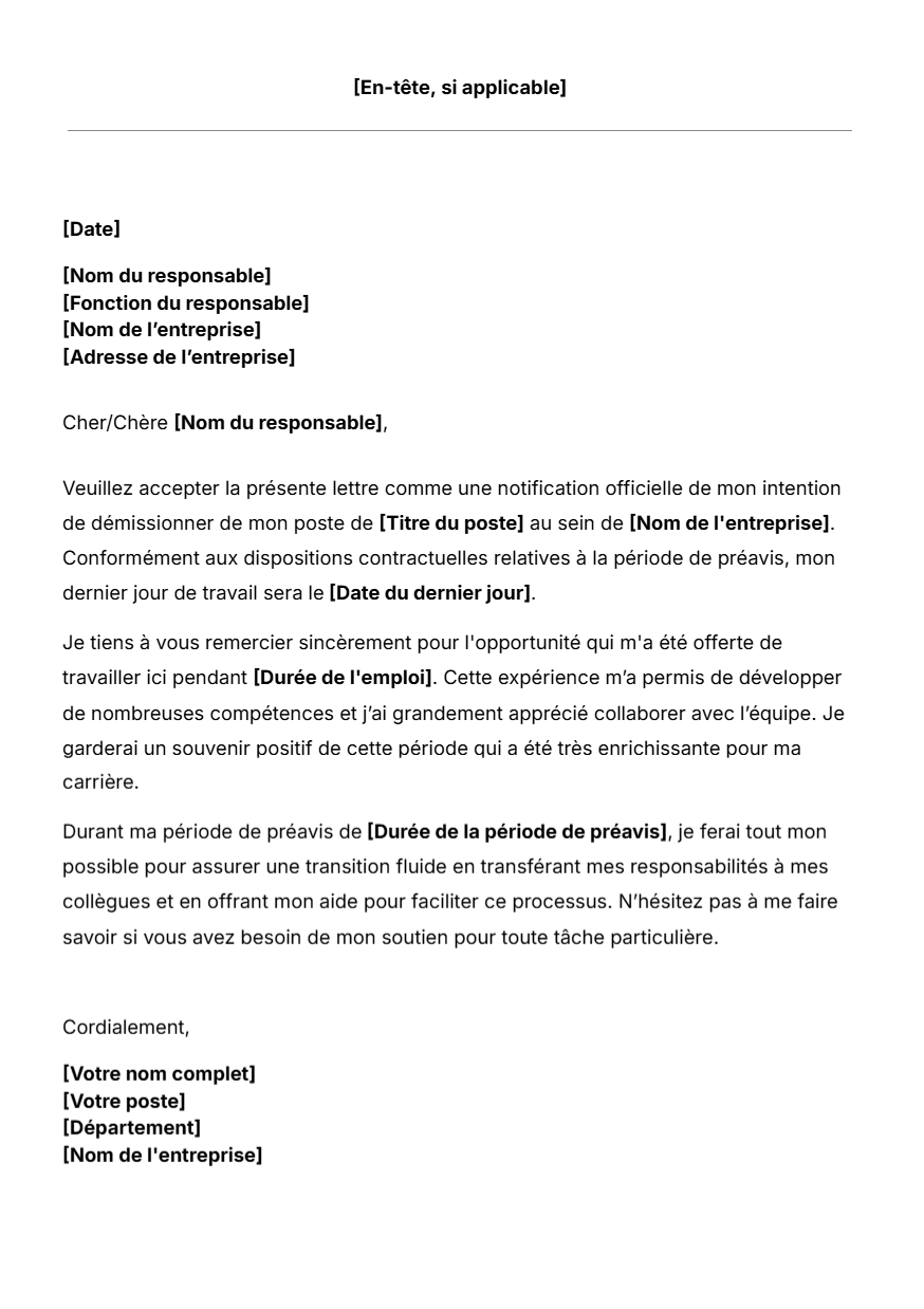 Modèle gratuit de lettre de démission