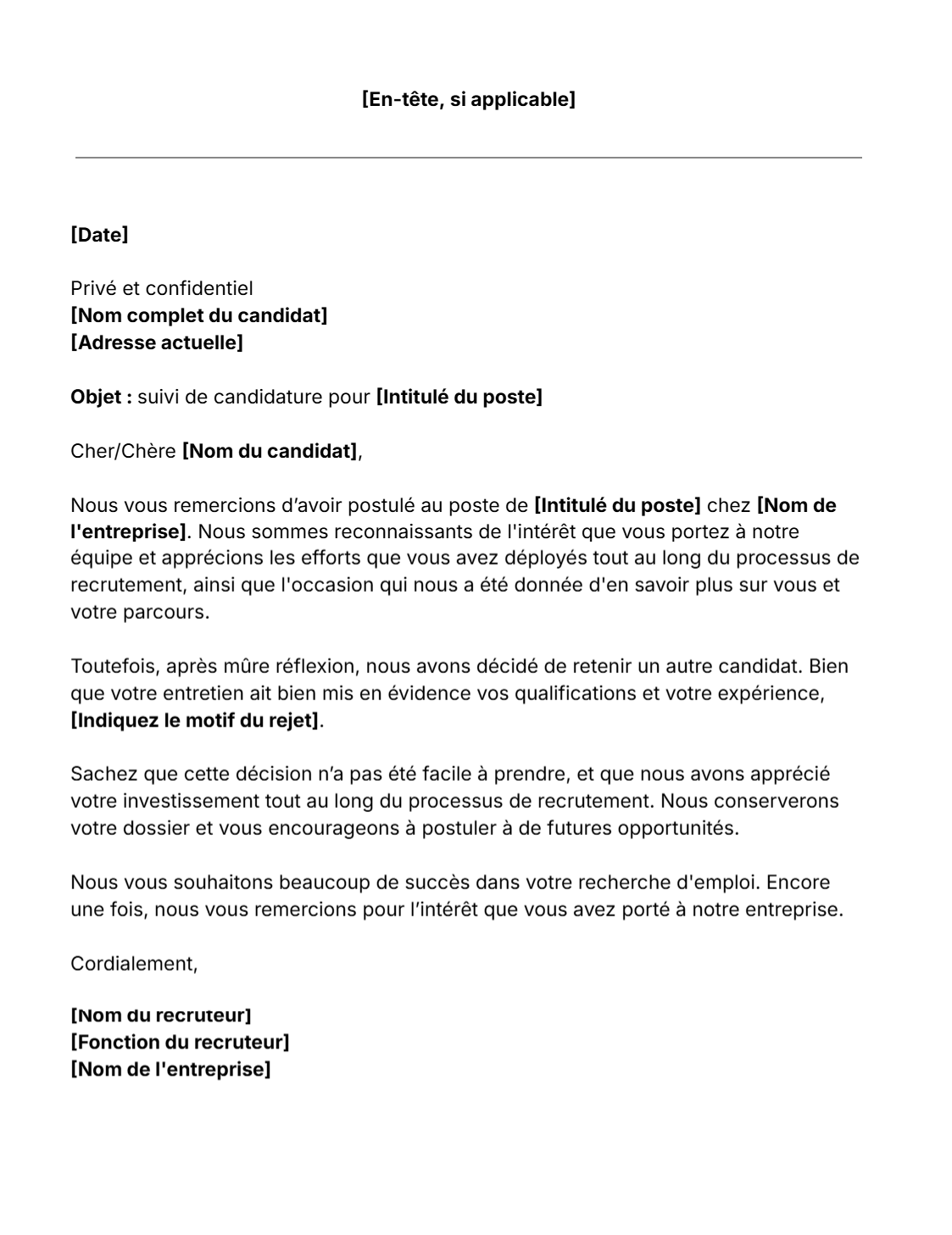 Modèle gratuit de lettre de refus de candidature