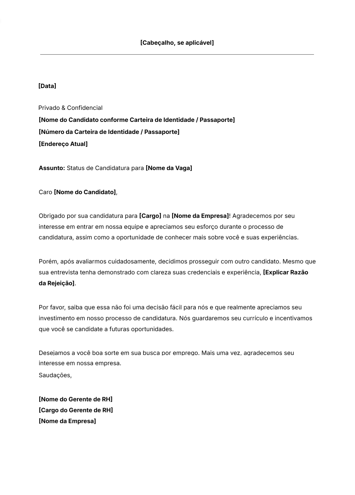 Modelo de carta de recusa de candidato a emprego grátis para empregadores