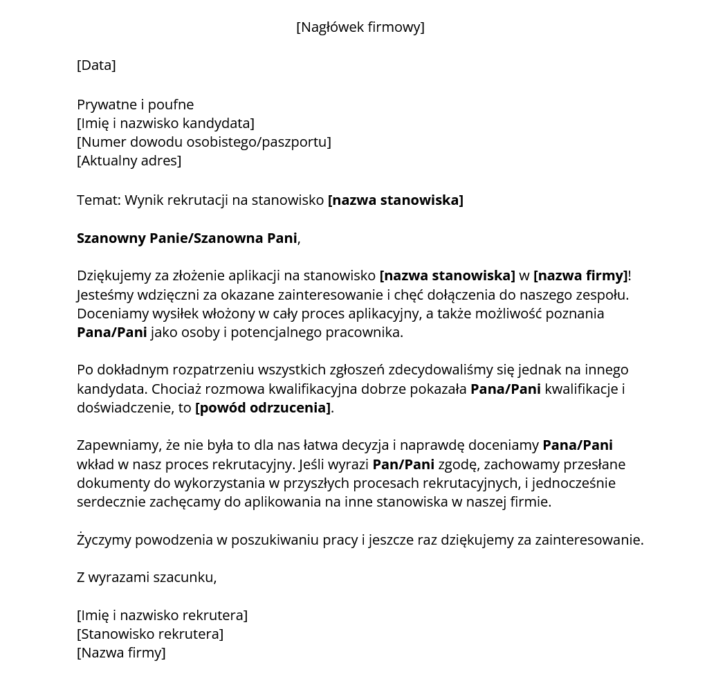 Wiadomość do kandydata o nieprzyjęciu do pracy.