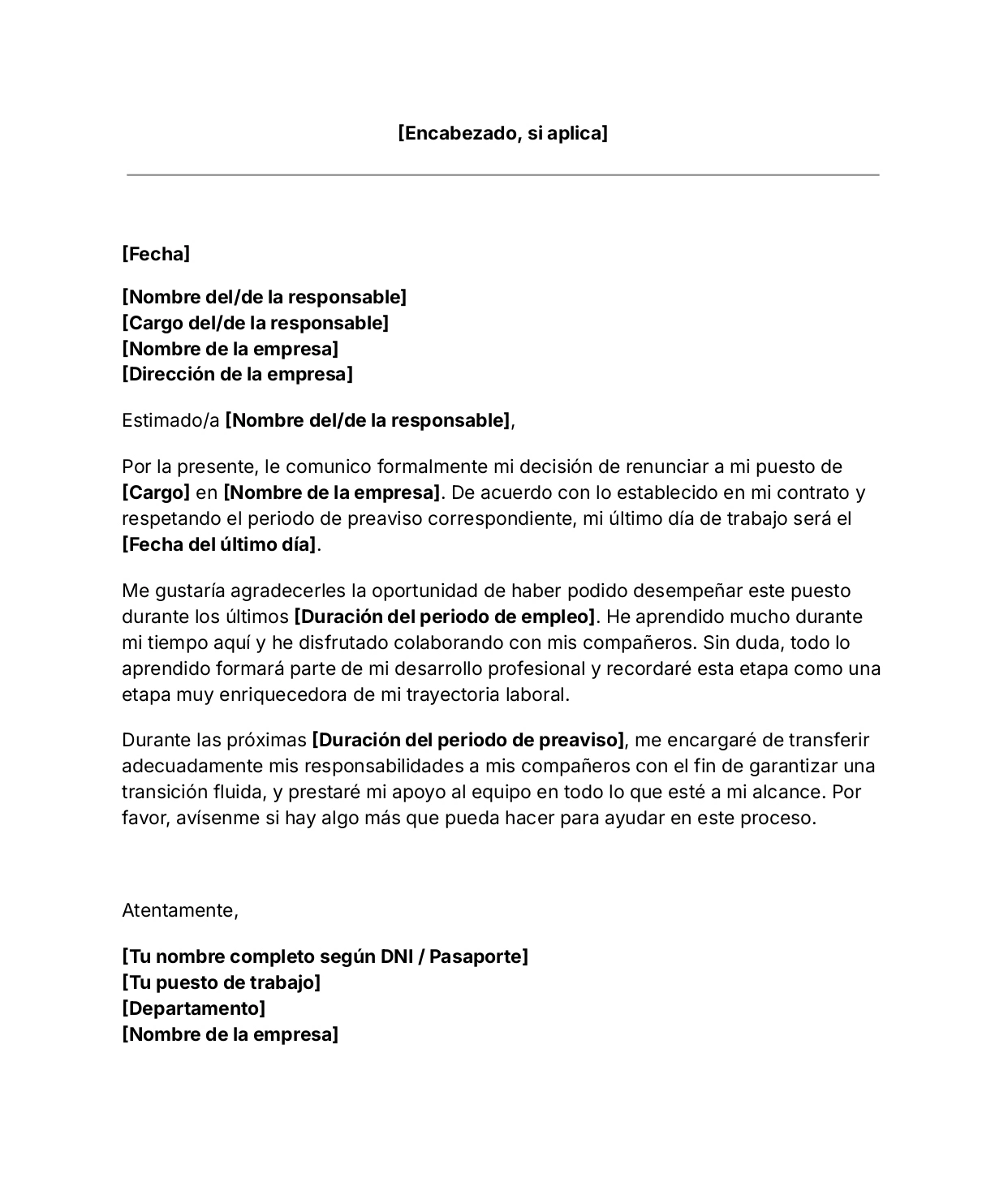 Plantilla gratuita de carta de renuncia al trabajo 