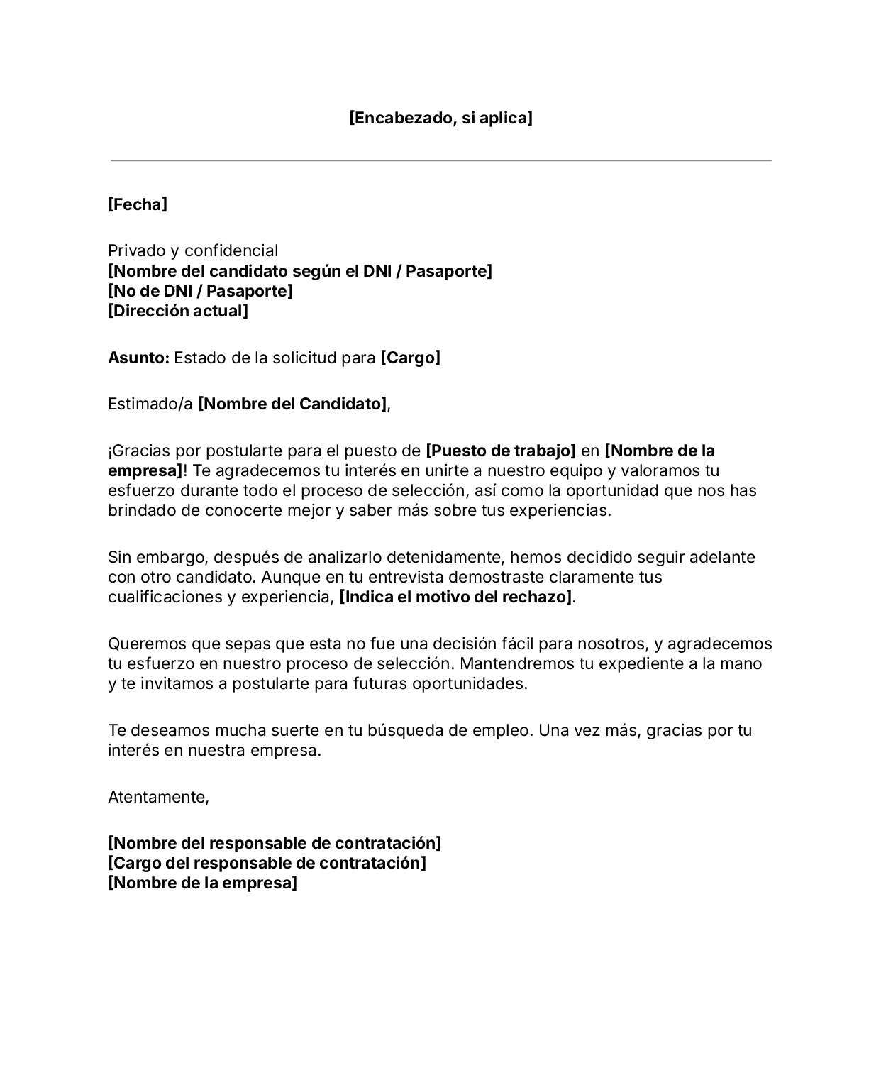 Plantilla gratuita de carta de rechazo de candidatos para empleadores