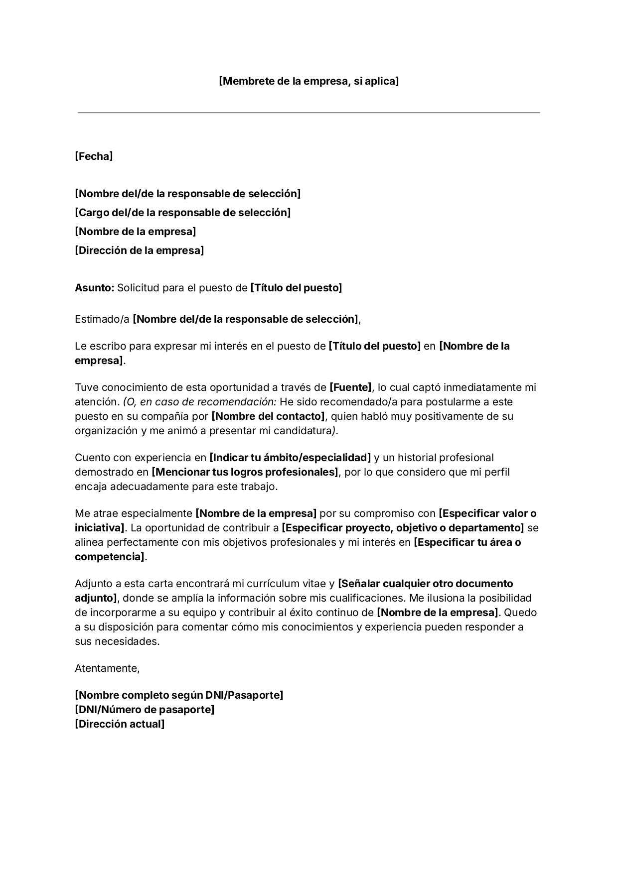 Plantilla gratuita de carta de solicitud de empleo