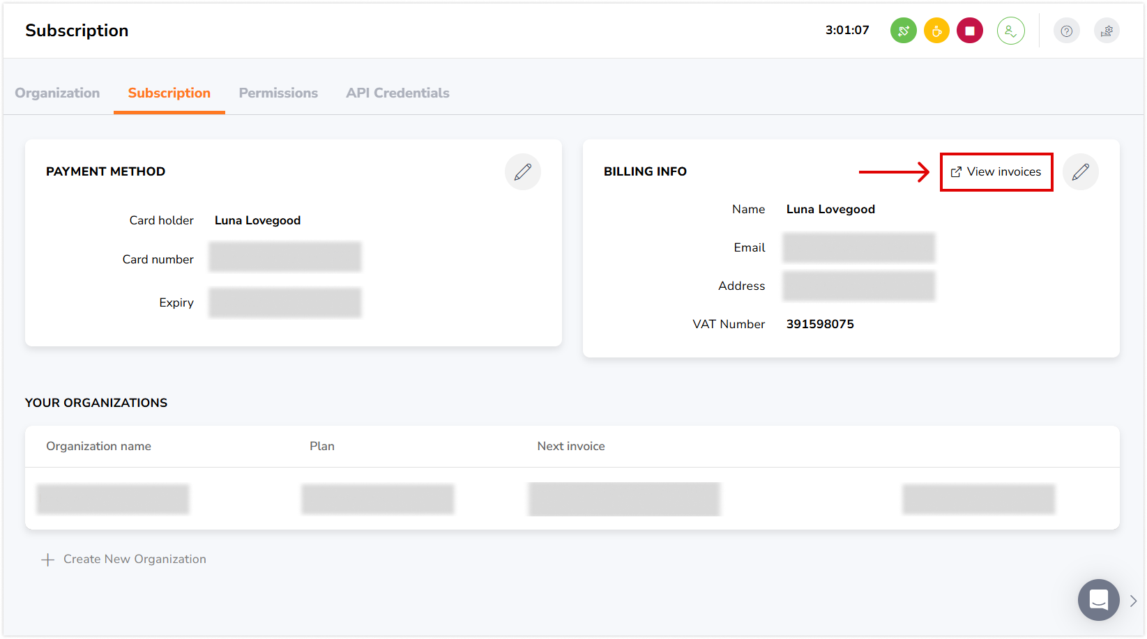 Tombol Lihat faktur di bawah widget info penagihan