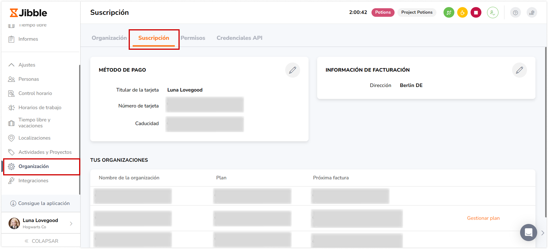 Subscription tab under Organizations page