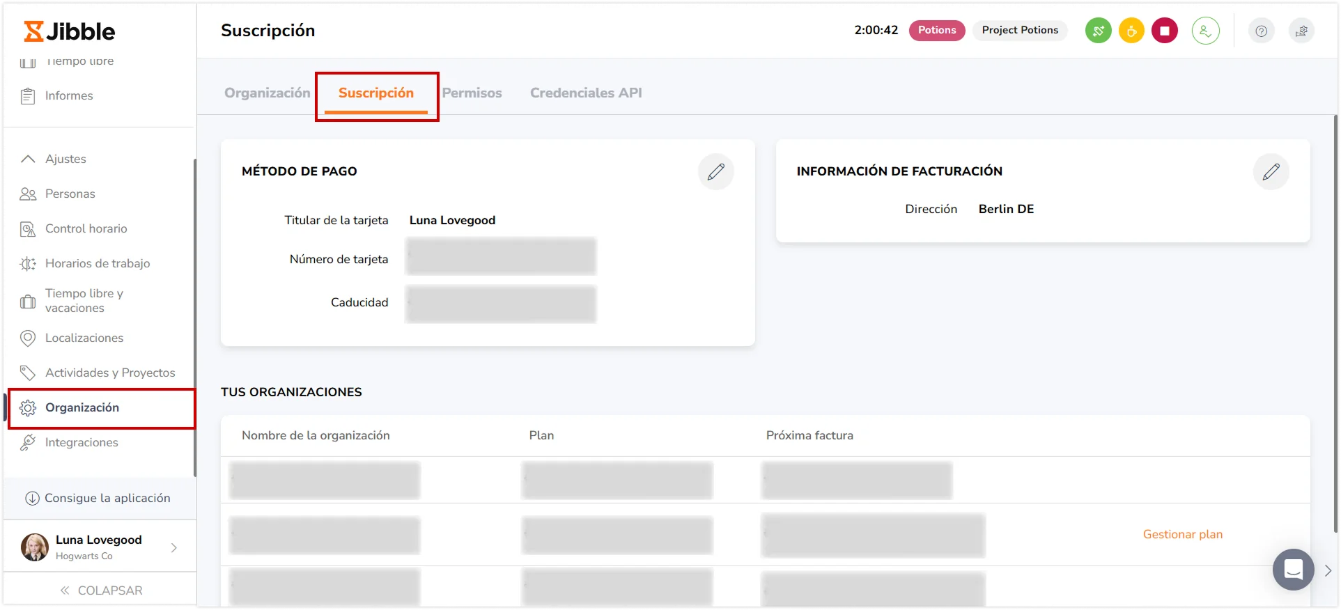 Subscription tab under Organizations page