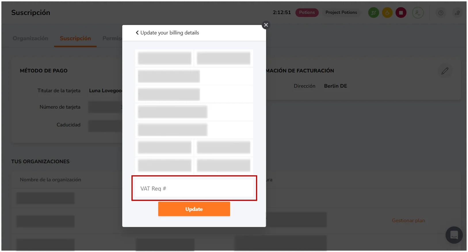 VAT number field in the pop-up window