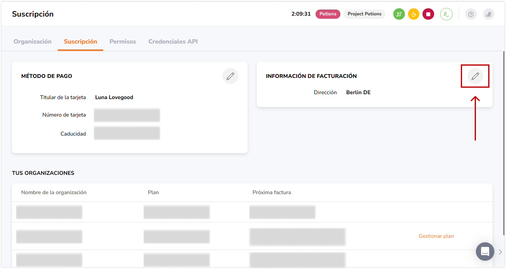 Pencil icon to edit billing details