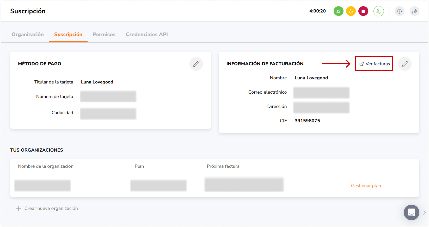 View invoices button on the billing widget