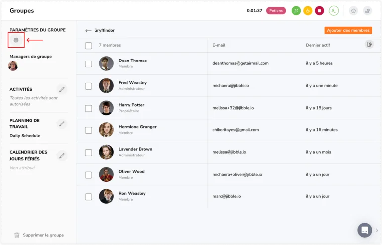 Paramètres du groupe