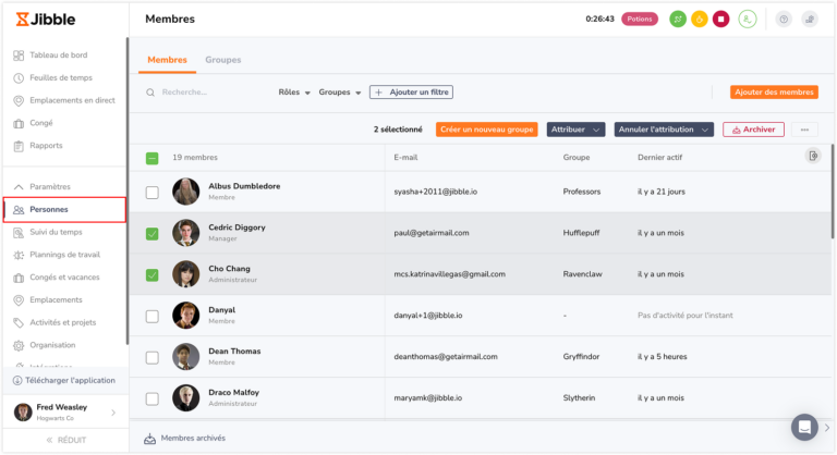 Sélection en bloc des managers de groupe