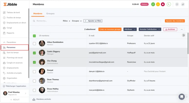 Sélection en bloc des managers de groupe