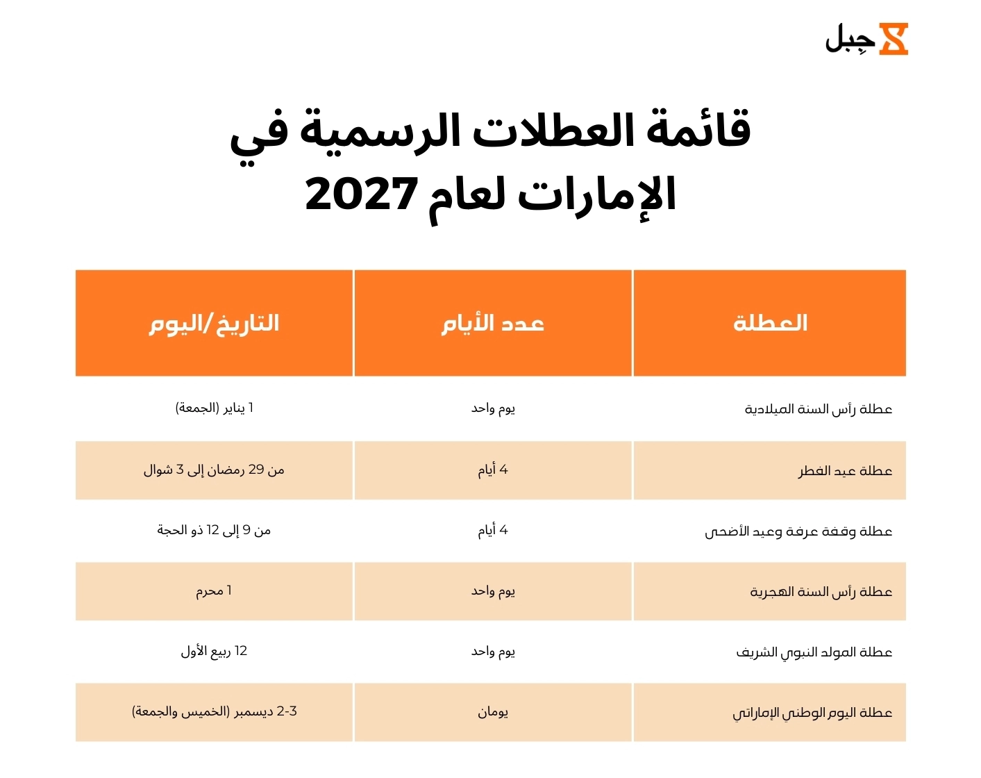 ملصق العطلات الرسمية في الإمارات لعام 2027