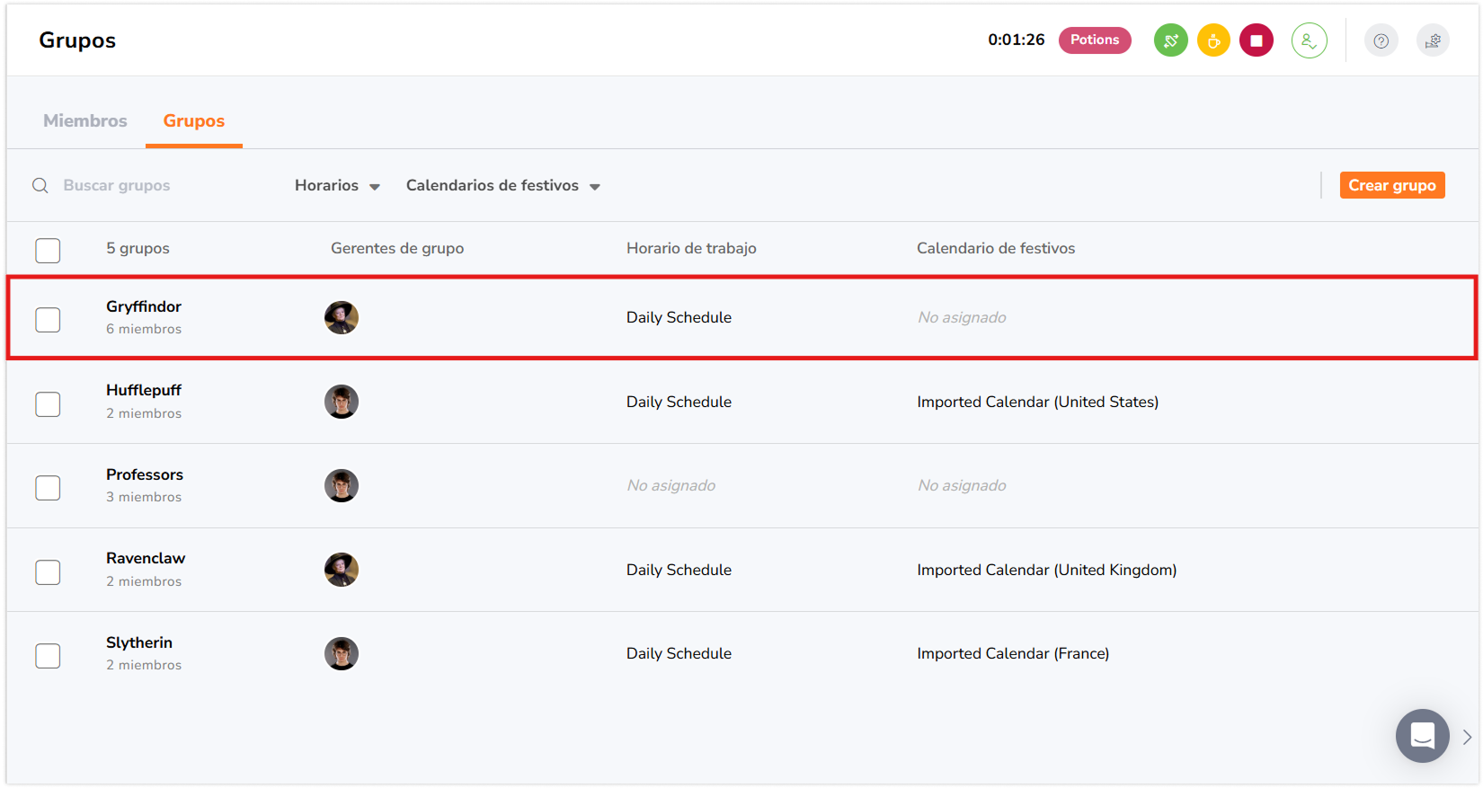 Selecting a group under the groups tab