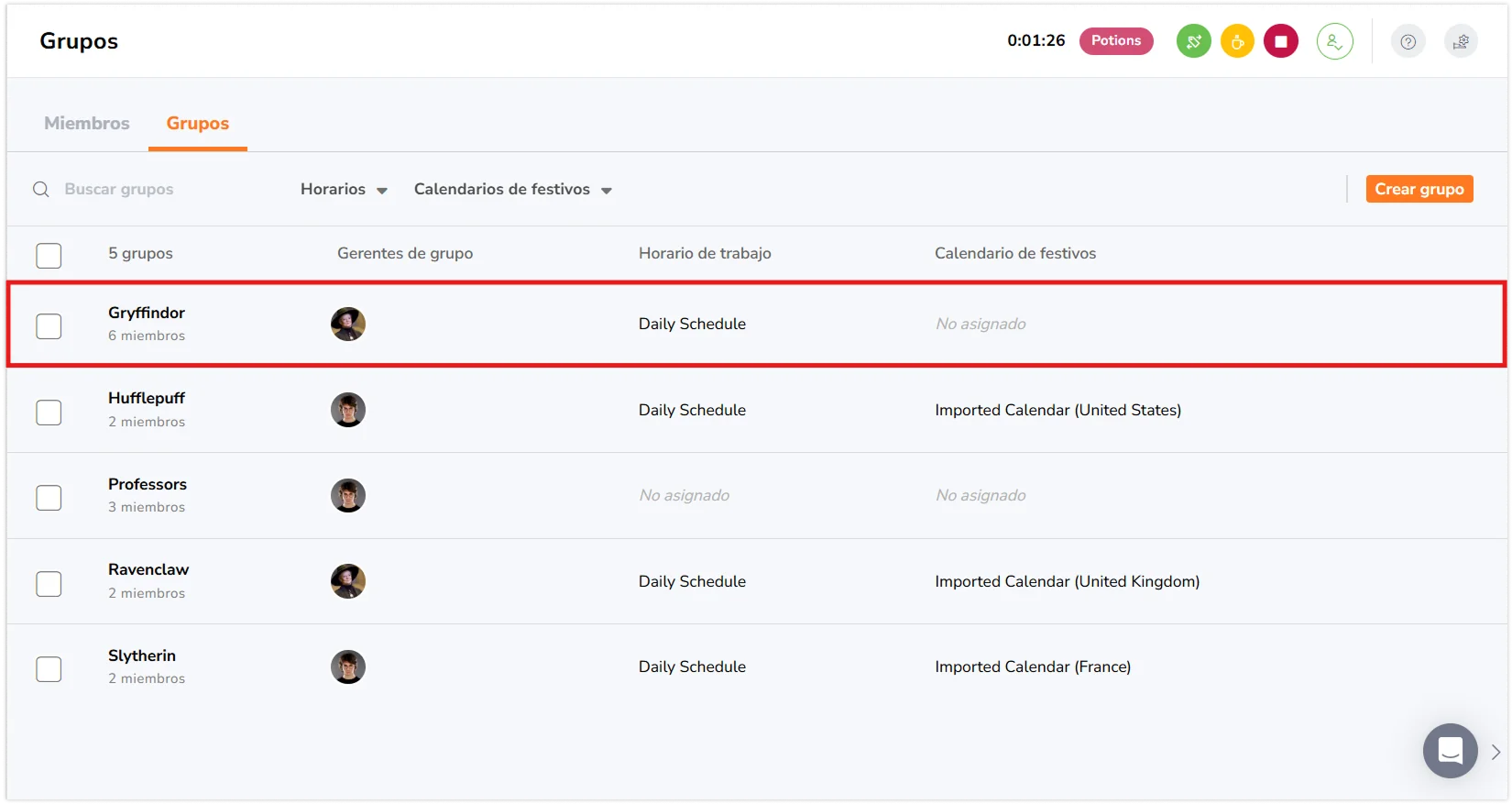 Selecting a group under the groups tab