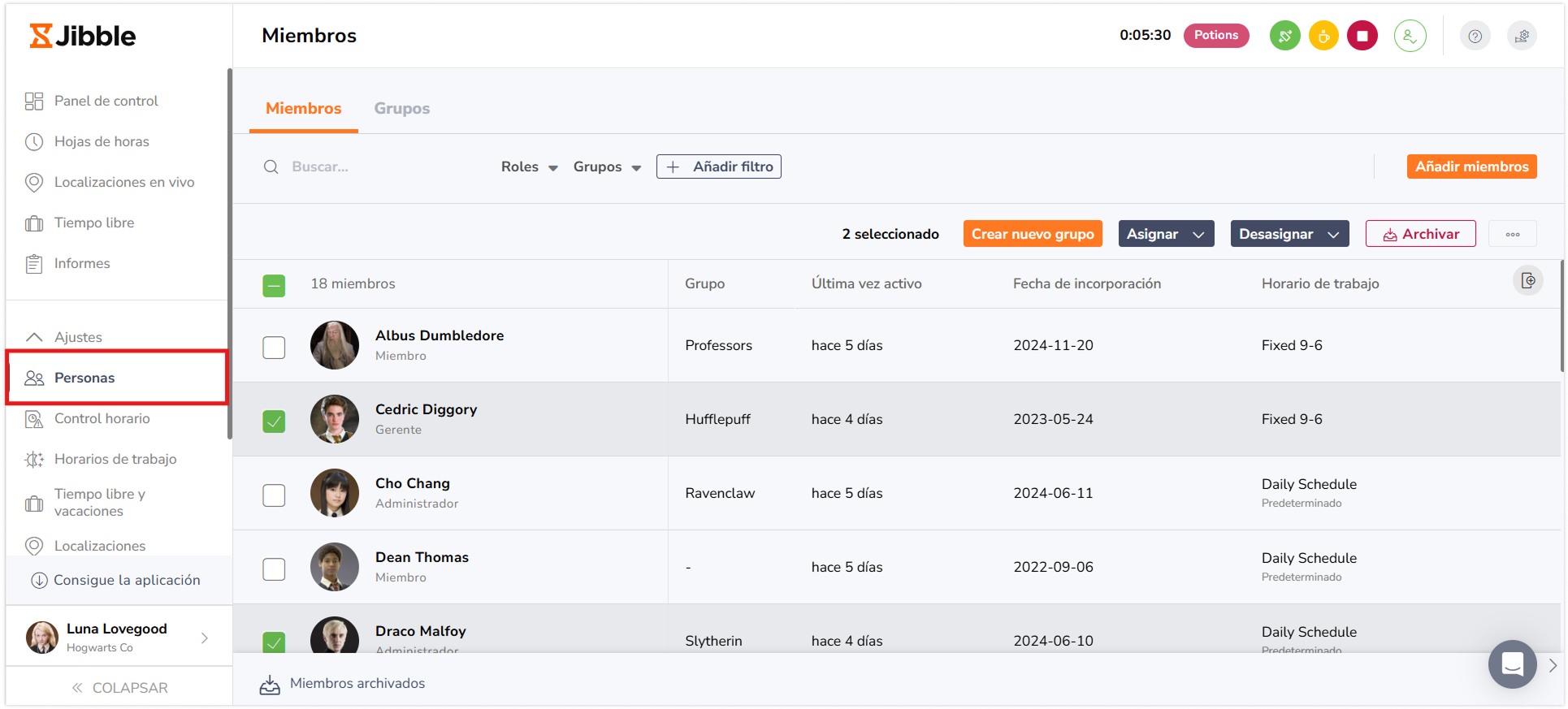 Selecting multiple managers or admins under the People tab 