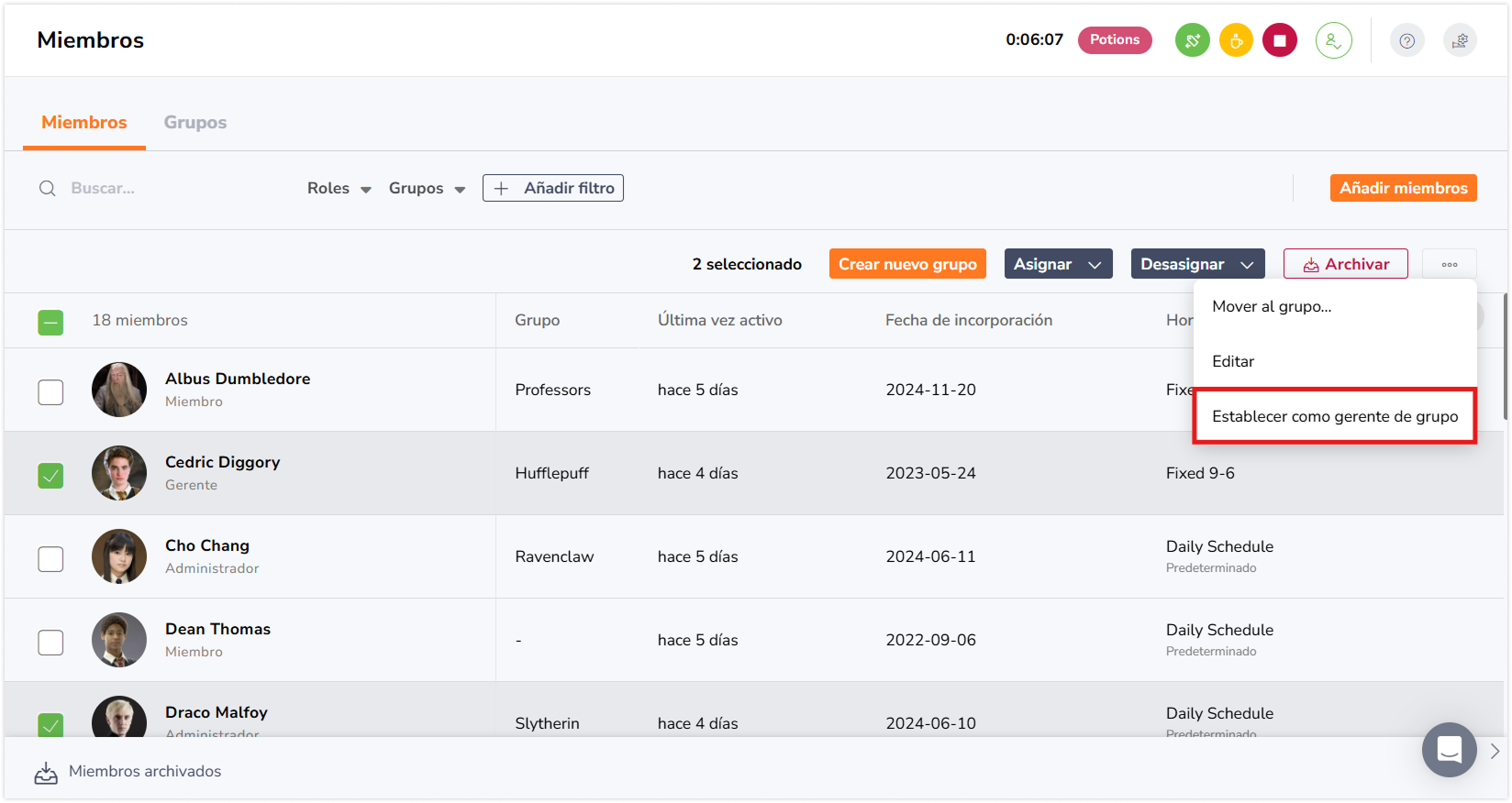 Triple-dot menu button to set as group managers in bulk