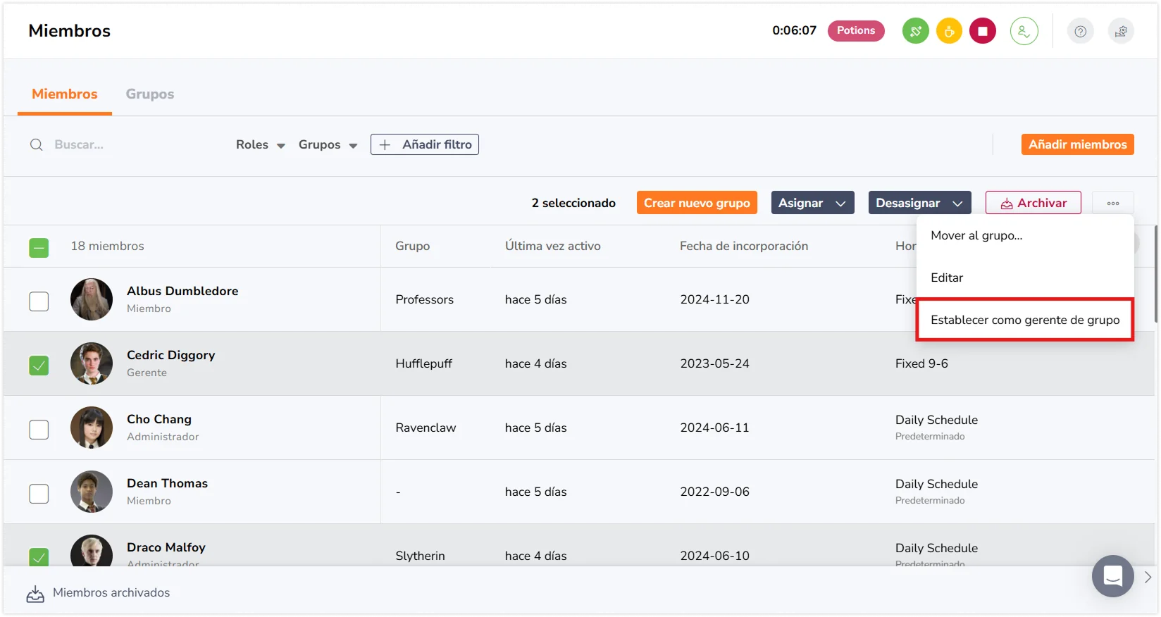 Triple-dot menu button to set as group managers in bulk