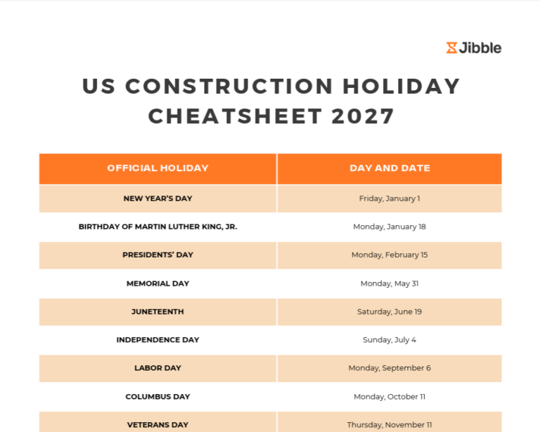 screenshot of US Construction Holidays Cheatsheet 2027