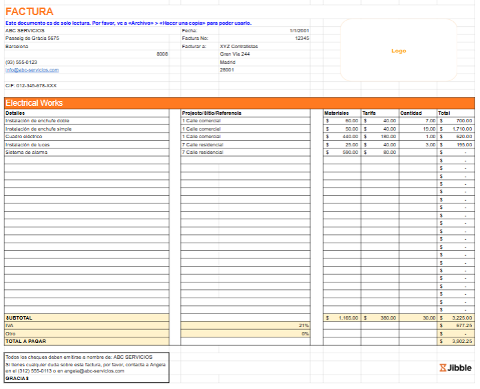 Plantilla de factura para subcontratistas