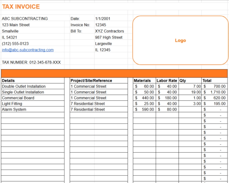 subcontractor invoice template