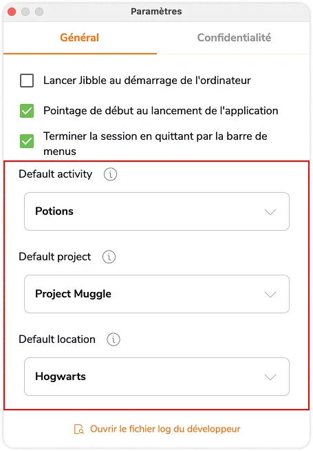 Activité, projet et lieu par défaut