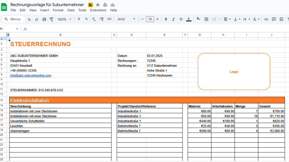 Rechnungsvorlage für Subunternehmer