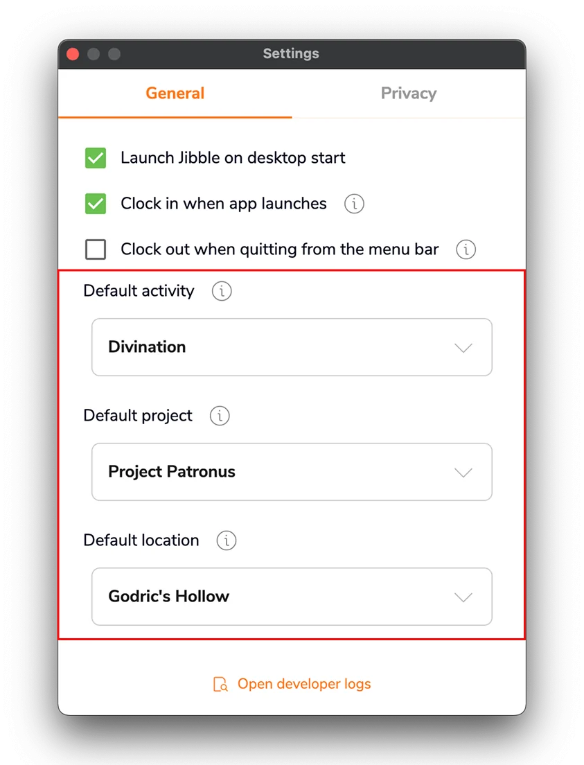 Selecting default activity project and location