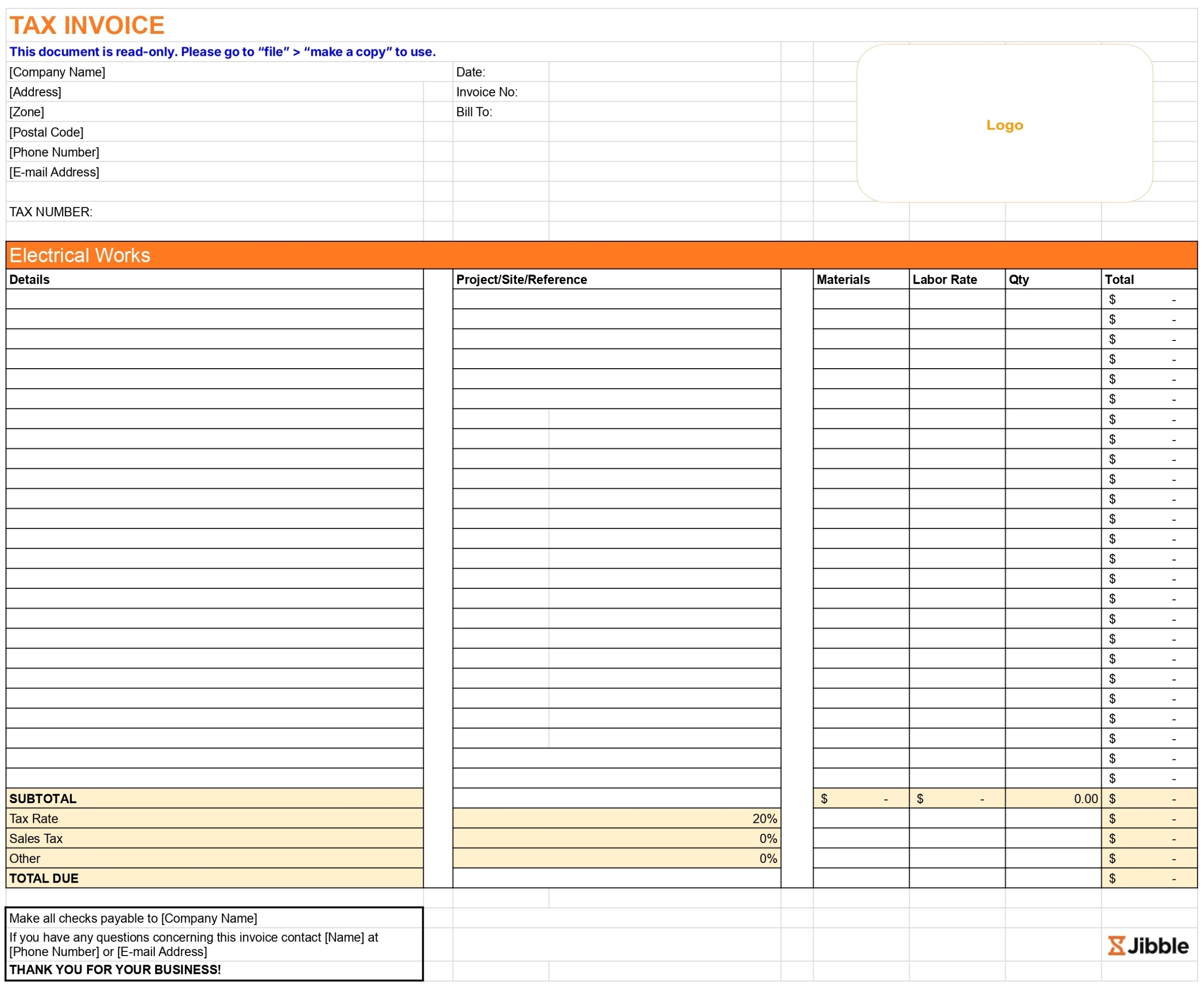 screenshot of jibble's free subcontractor invoice template