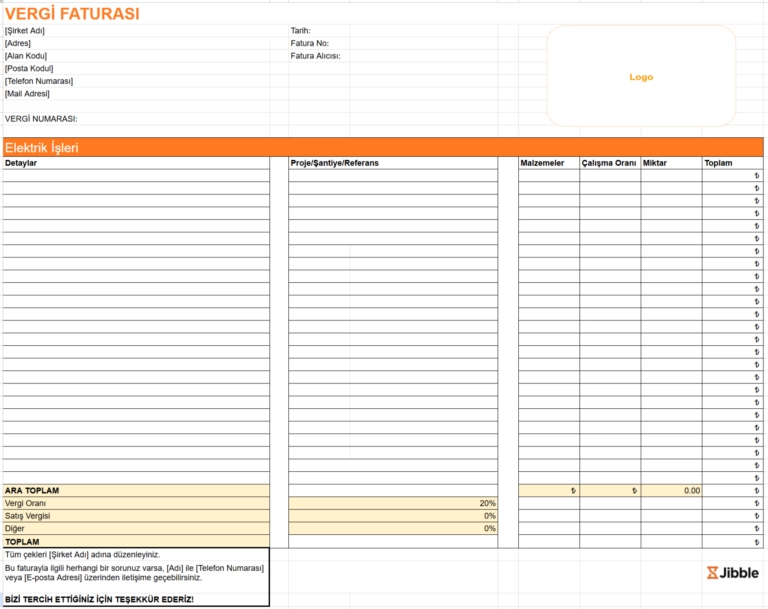 Jibble'ın alt yüklenici fatura şablonu