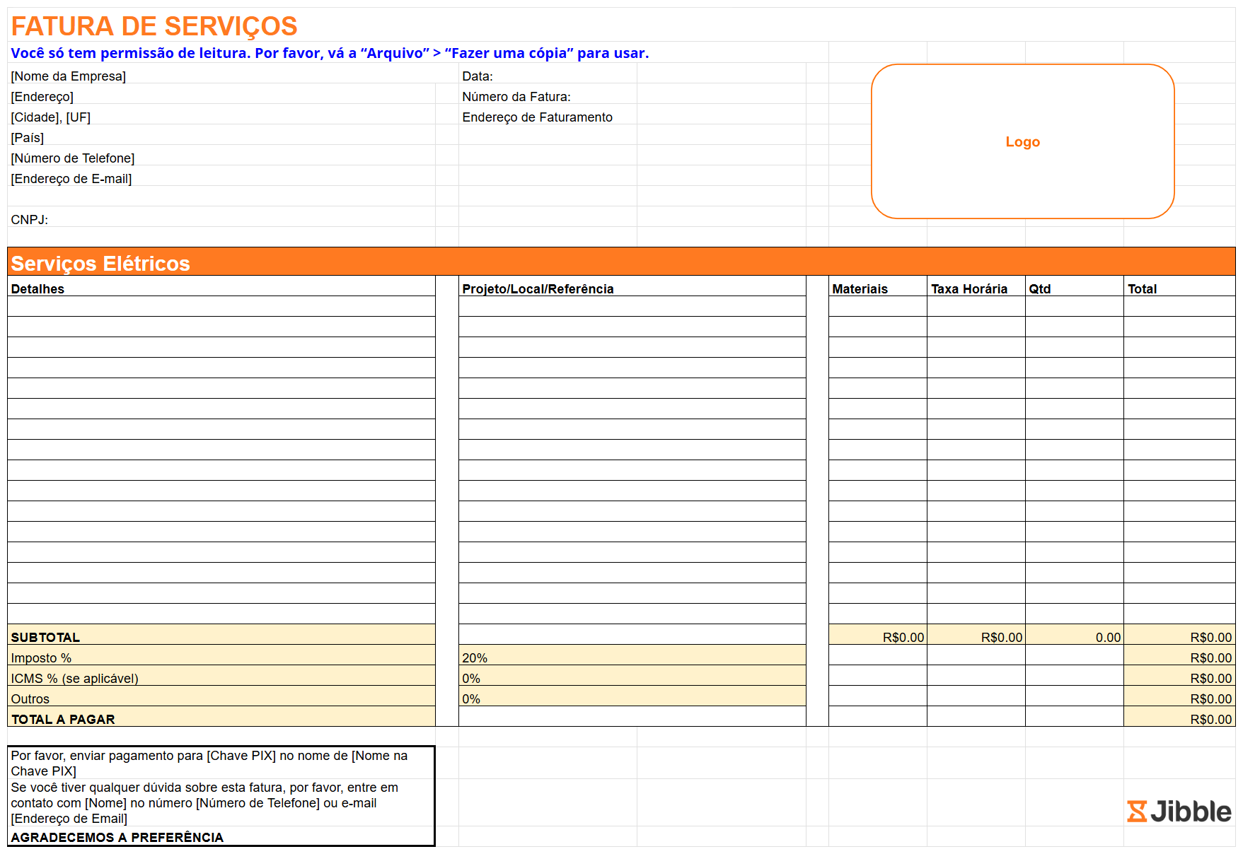 Captura de tela do Modelo de fatura de serviços grátis do Jibble